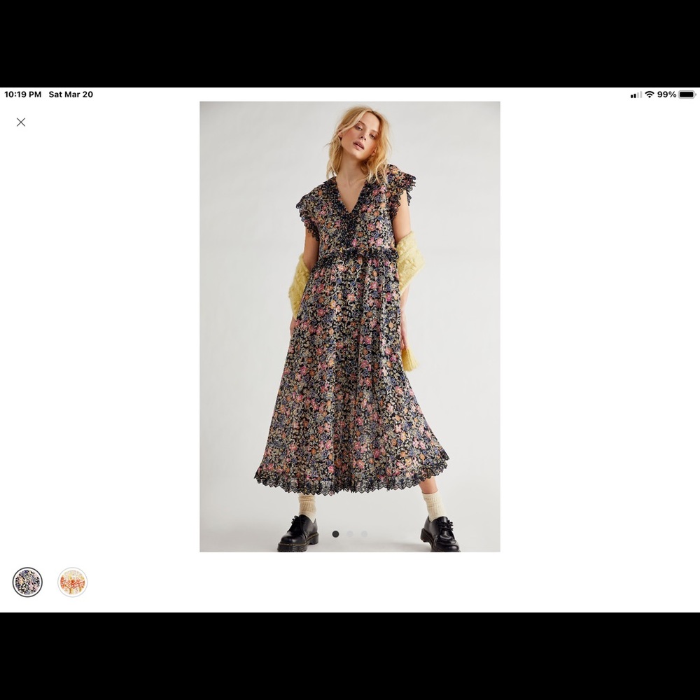 Free People Floral Maxi Dress in Black with Pink and Yellow Flowers